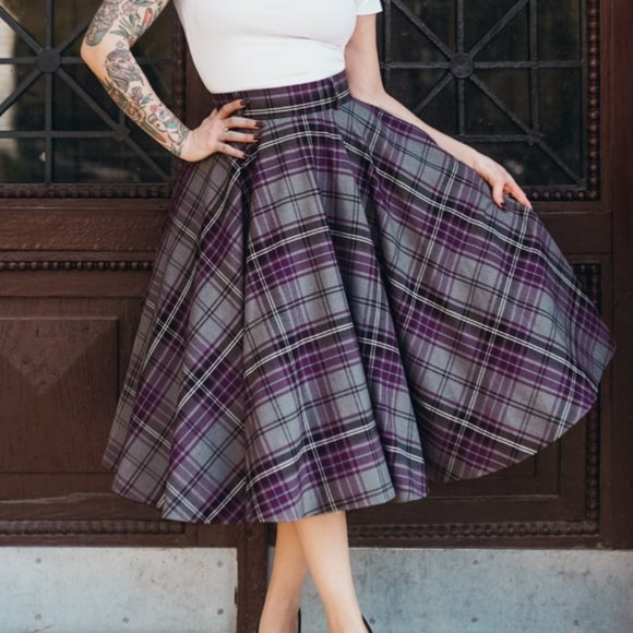 British Retro Dresses & Skirts - British Retro Heather Tartan 50s Full Circle Bonny Skirt w/ Pockets UK 8 US 4